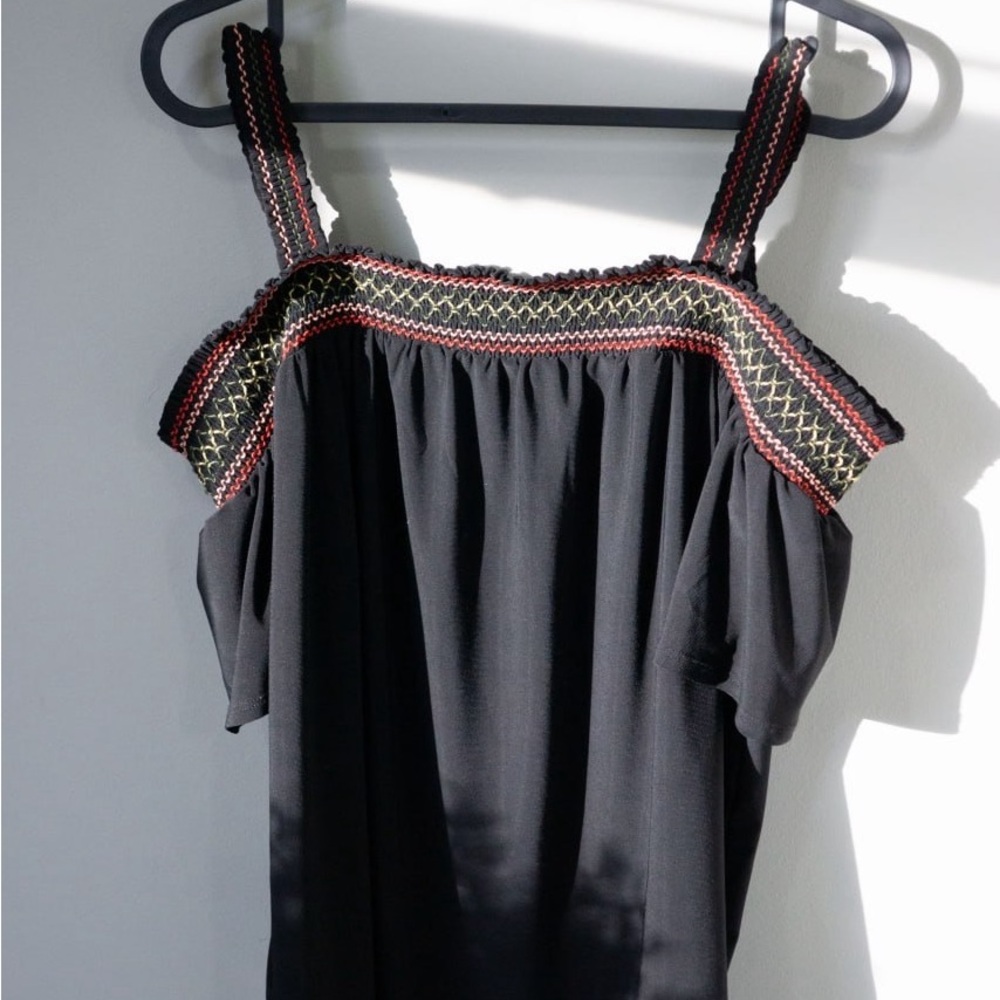 WHBM Black Cold-Shoulder Boho Smocked Top with Embroidery